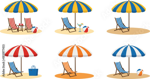 Cartoon Beach Umbrellas and Deck Chairs Collection with Summer Vacation Accessories Colorful Flat Vector Illustration Set