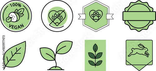 Vector Set of Vegan, Cruelty-Free, and Organic Certification Line Icons (Green and Black)