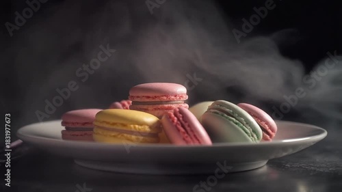 An elegant assortment of colorful French macaron pastries on a plate with mystical smoke swirling in a dark setting