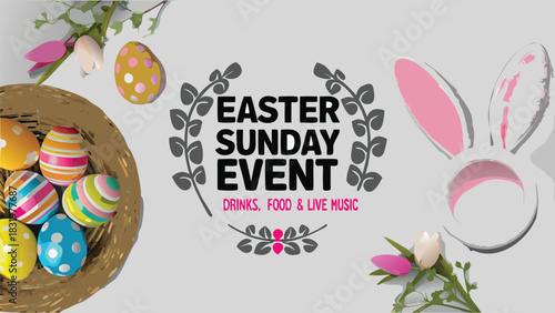 Celebrate easter sunday with a special event featuring delicious food refreshing drinks and lively music all set against a festive backdrop with decorated eggs and bunny ears