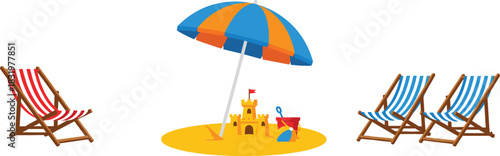 Cartoon Beach Umbrellas with Deck Chairs and Sandcastle Summer Vacation Flat Vector Illustration Set Isolated
