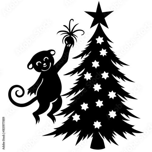 Monkey Decorating Christmas Tree – Festive Vector Art for Holiday Cards, Pet Lovers & Fun Design

