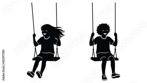 Children playing on swings silhouette vector illustration