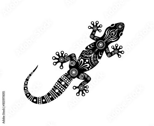 Adorned with hypnotic white swirls and dotted geometric patterns, a stylized black lizard climbs upward in this striking tribal artwork, featuring splayed toes and a long, elegantly curved tail