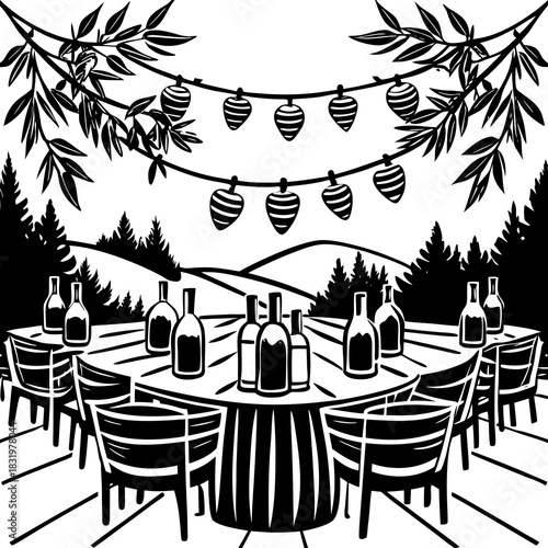 Rustic Outdoor Wine Tasting – Vineyard Party Vector Art for Wedding, Event & Farm Design

