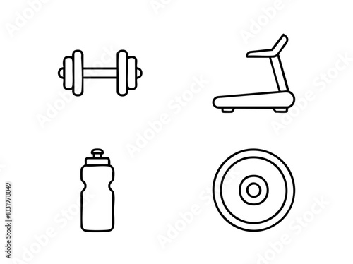 gym equipment icon set, dumbbell, treadmill, water bottle, weight plate, flat modern