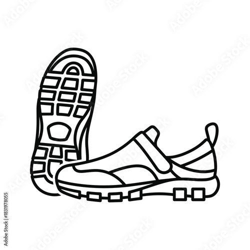 Outline vector icon of a comfortable athletic shoe and its sole