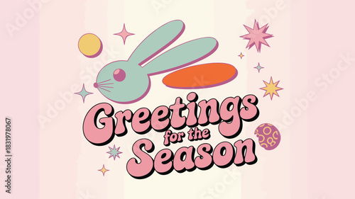 Retro style easter bunny and greetings for the season text design with stars and eggs
