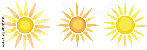Three cartoon suns with yellow and orange rays on a white background Keywords: sun, cartoon, yellow, orange, rays, bright, light