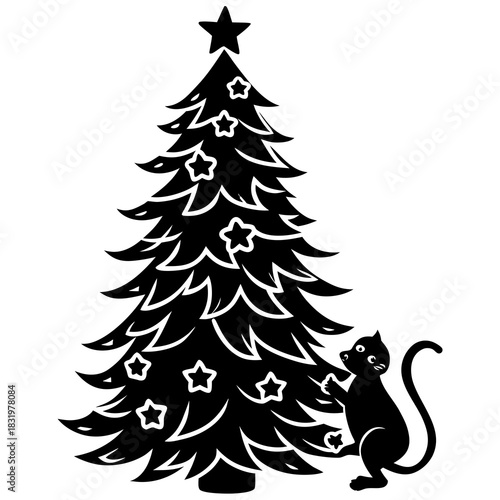 Cat & Christmas Tree with Stars – Festive Vector Art for Holiday Cards, Pet Lovers & Decor Design

