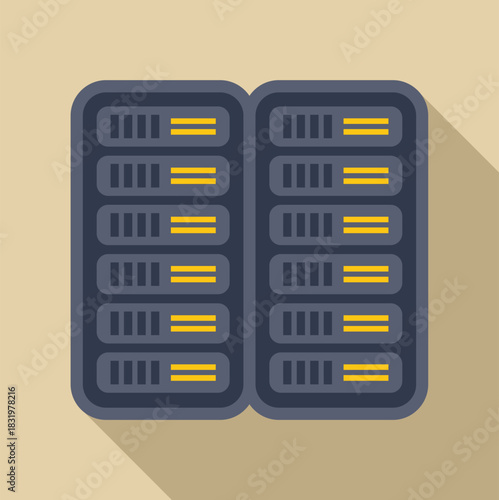 Server rack system showcasing data storage and networking technology in a flat design style