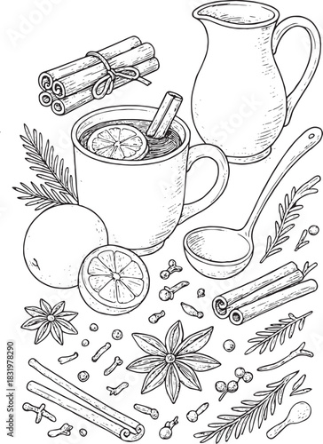 Hand-drawn doodle vector illustration of a pitcher, a cup of mulled wine, and spices, created in simple black and white line art for winter themes, holiday drinks, cozy designs and coloring pages.