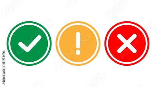 Animated warning icons set: green approval check mark for OK, yellow attention sign with exclamation, and red error cross symbolizing mistake or restriction. Perfect for alerts, notifications, and UI 