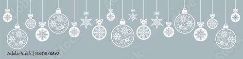 Horizontal border of hanging white Christmas baubles and stars with intricate snowflake patterns on grey background, ideal for festive banners, greeting cards, invitations 
