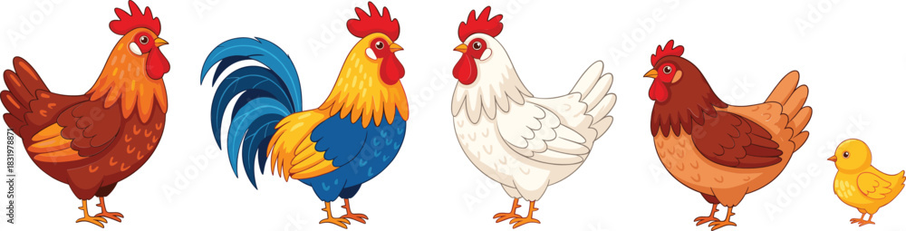 Fototapeta premium Cartoon Farm Chicken Characters with Rooster, Hens, and Chick Colorful Flat Vector Illustration Isolated on White Background