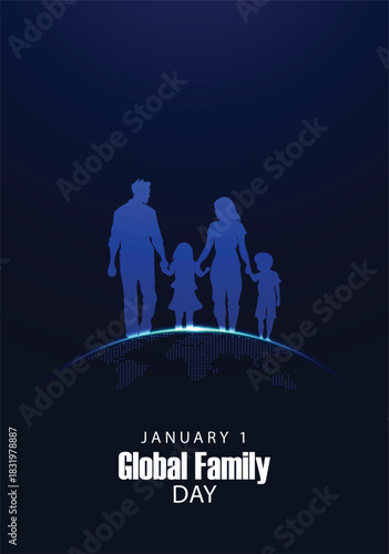 Inspiring Global Family Day Artwork Showing Family Standing Together on Glowing Earth
