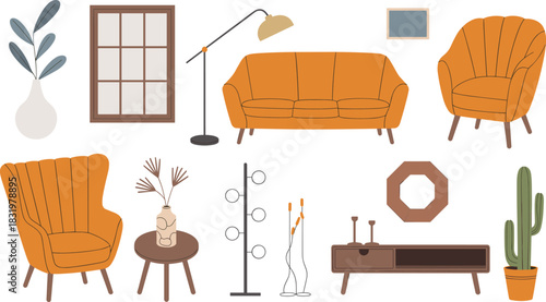 Mid-century furniture, retro decor, modern interior, vintage style, warm tones, living room elements, stylish home, vector illustration, cozy design, minimalist aesthetic