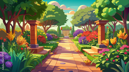 A warm sun-drenched garden walkway in a backyard, lined with blooming colorful flowers and rich green plants. Serene outdoor scene ideal for nature themes, landscaping visuals, and garden lifestyle 