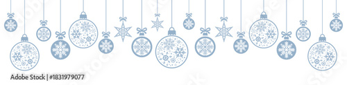 Elegant horizontal border of hanging blue Christmas baubles and stars with delicate snowflake patterns on white background, perfect for festive banners, greeting cards, invitations and luxury holiday 
