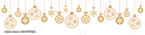 Elegant horizontal border of hanging gold Christmas baubles and stars with delicate snowflake patterns on white background, perfect for festive banners, greeting cards, invitations and luxury holiday 