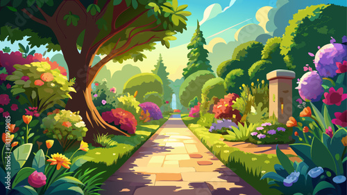 A bright sunlit backyard garden path surrounded by vibrant, colorful flowers on both sides. Warm natural light, lush greenery, and a peaceful atmosphere perfect for nature, gardening