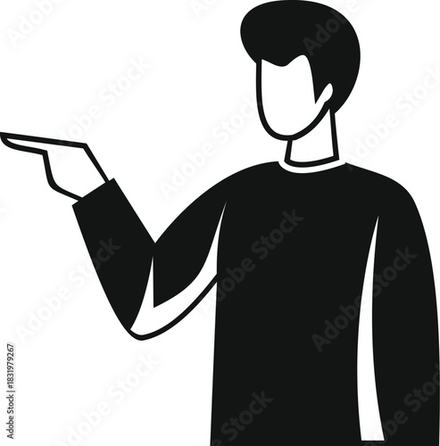 Man standing with arm extended pointing left, a minimalist faceless silhouette