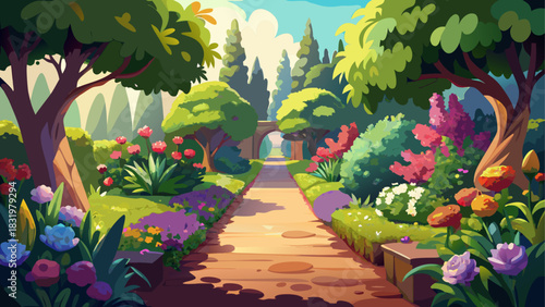 A bright sunlit backyard garden path surrounded by vibrant, colorful flowers on both sides. Warm natural light, lush greenery, and a peaceful atmosphere perfect for nature, gardening