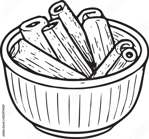 Hand-drawn doodle vector illustration of a small plate with cinnamon sticks in simple black and white line art, perfect for cooking themes, holiday spices, cozy designs, recipe layouts and coloring pa