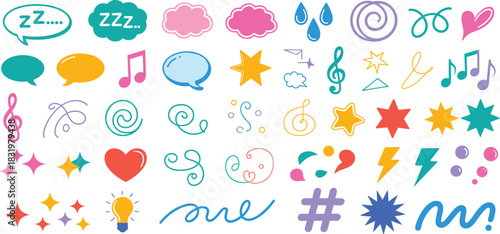 Colorful icons, expressive symbols, speech bubbles, musical notes, hearts, stars, lightning bolts, abstract shapes, digital design, vector illustration, creative elements