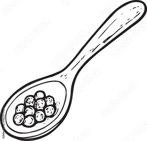 Hand-drawn doodle vector illustration of a spoon with black pepper, created in simple black and white line art for cooking themes, kitchen designs, spice graphics, recipe layouts and coloring pages.