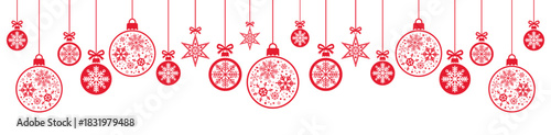 Elegant horizontal border of hanging red Christmas baubles and stars with delicate snowflake patterns on white background, perfect for festive banners, greeting cards, invitations and luxury holiday 