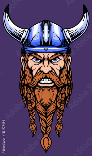 Angry Viking Head Mascot with Horned Helmet and Braided Beard - Motorbike Club Logo and Character