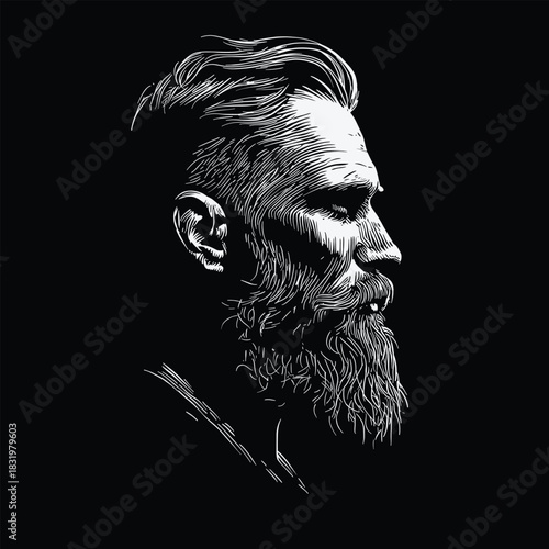 Detailed vintage line-art portrait of a bearded man in profile. Hand-drawn engraving style illustration for barbershops, branding, posters and masculine design