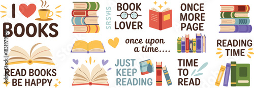 Book lover illustration, reading quotes, stacked books, open pages, coffee cup, stars, hearts, cozy vibe, motivational design, vector artwork, literary theme