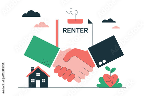 Illustration of renter agreement with handshake house and clouds on white background