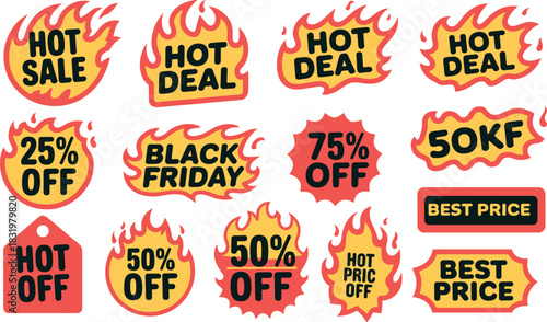 Hot sale banners, flame discount labels, retail promotion graphics, bold typography, Black Friday deals, urgent offer signs, marketing vector, fiery price tags