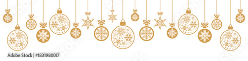 Elegant horizontal border of hanging gold Christmas baubles and stars with delicate snowflake patterns on white background, perfect for festive banners, greeting cards, invitations and luxury holiday 