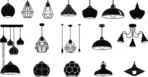 Vector illustration of 18 hanging light fixtures—interior lighting reference for home decor, architecture, ambiance, modern design, and style inspiration