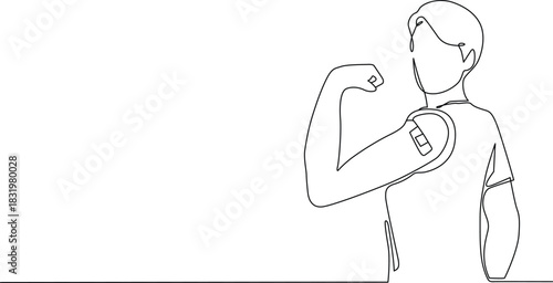Person flexing arm with bandage after vaccine shot representing health Vector