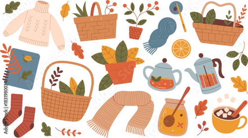 Autumn cozy items, knitted sweater, warm socks, hot drinks, seasonal decor, fall leaves, indoor comfort, hygge lifestyle, vector illustration, home relaxation, tea moments