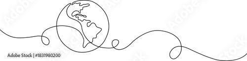 Continuous line drawing of planet earth with a flowing global connection path Vector