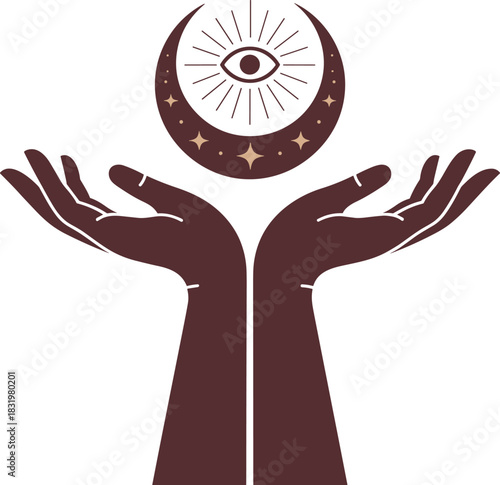 Mystic hands, crescent moon, all-seeing eye, celestial stars, spiritual symbol, sacred offering, cosmic energy, occult design, magical protection, esoteric vector art