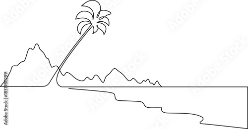 Continuous line art drawing tropical landscape with palm tree and mountains. Vector