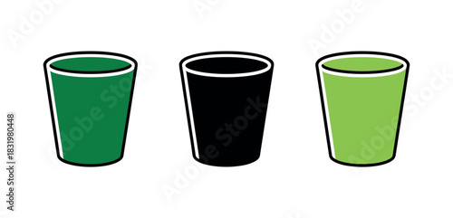 Three cups in a row, one black, one green, and one light green on white background