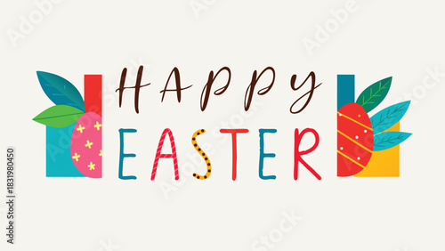 Happy easter greeting with decorative eggs and stars in black and gold on a white background celebrating the spring holiday