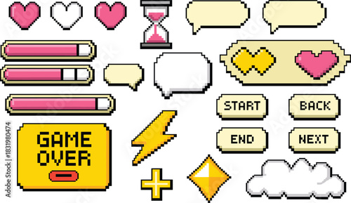 Retro pixel UI elements, game interface icons, health bars, hearts, buttons, speech bubbles, hourglass, lightning, cloud, gem, game over screen