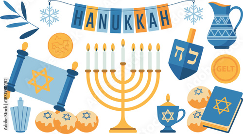 Hanukkah celebration, menorah candles, dreidel, Jewish holiday, festive symbols, Star of David, gelt coins, sufganiyot, vector illustration, traditional items, holiday decor