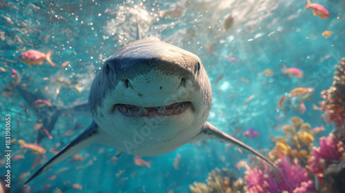 a large shark swimming directly toward the camera