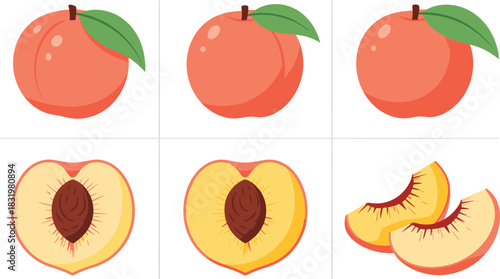 Cartoon Peach Fruit Icon Set with Whole Cut and Sliced Peaches Colorful Flat Vector Illustration Isolated