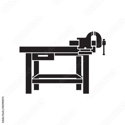 Woodworking vice on rustic wooden workbench in monochrome minimalist style with dramatic lighting for carpentry tutorial
